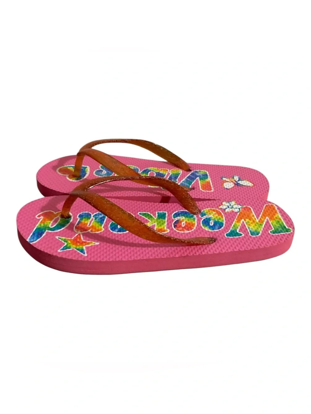 Children’s Place Pink Glitter Strap Flip Flops  'Weekend Vibes' Print Girl 12/13